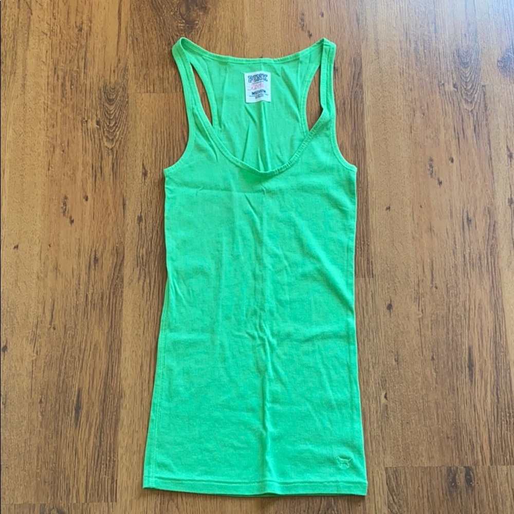 ‘PINK’ bright green tank top.